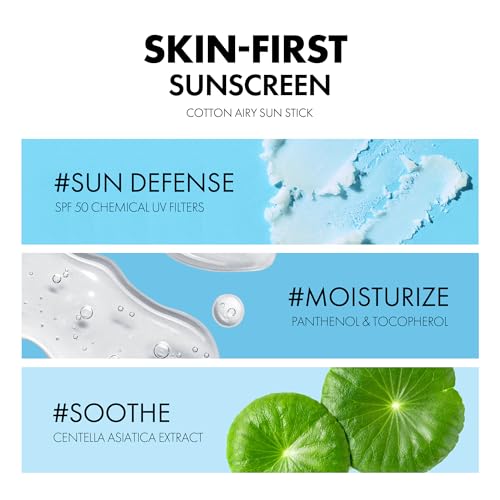 Cotton Airy Sun Stick SPF 50 Broad Spectrum Korean Matte Sunscreen Stick for Face