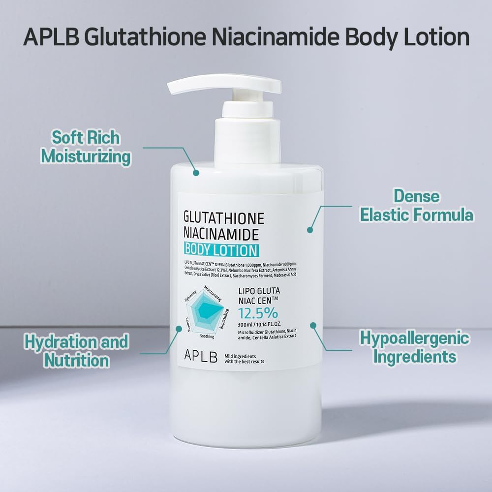 APLB Glutathione Niacinamide Body Lotion | LIPO GLUTA NIAC CEN™ 12.5% 10.14 FL.OZ/Korean Skincare, Long lasting hydration, Revitalize for gentle and improve skin texture