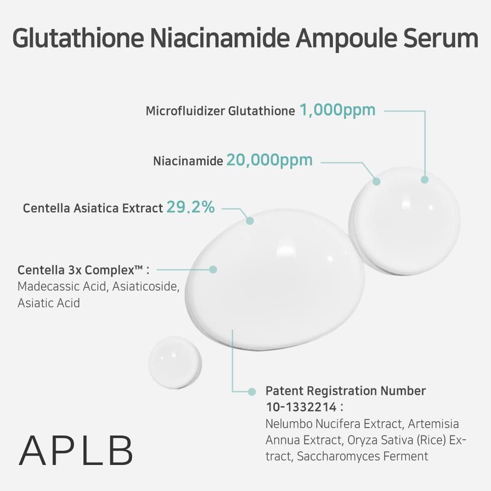 APLB Glutathione Niacinamide Ampoule Serum | LIPO GLUTA NIAC CEN™ 31.3% 1.35 FL.OZ/Korean Skincare, Long lasting moisturizing, Improve skin elasticity, Revitalize for gentle and improve skin texture