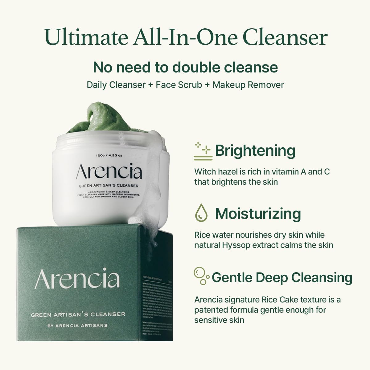 Arencia Korean Rice Mochi Face Cleanser - Face Mask, Foaming Cleanser, Gentle Scrub All in One - Deep Cleansing, Moisturizing, Pore Minimizing, Removing Blackhead- with Rice Water & Green Tea, Mugwort