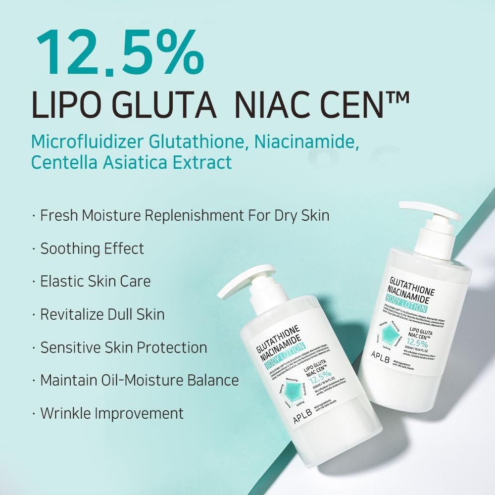 APLB Glutathione Niacinamide Body Lotion | LIPO GLUTA NIAC CEN™ 12.5% 10.14 FL.OZ/Korean Skincare, Long lasting hydration, Revitalize for gentle and improve skin texture