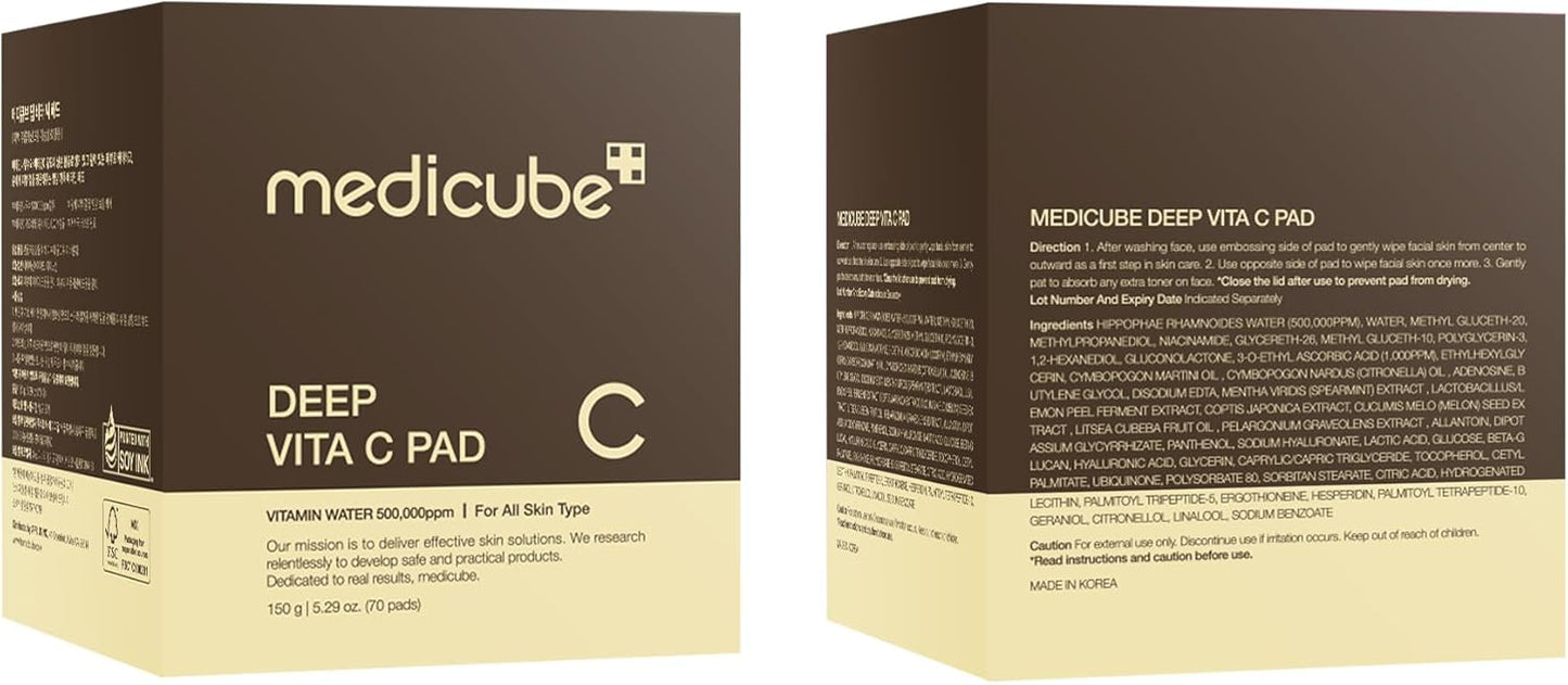 medicube Deep Vita C Facial Pads, Vitamin C Toner Pads for Uneven Skin Tone, 500,000PPM of vitamin water & 3 types of vitamin, Hydrating & Resurfacing (70 sheets)